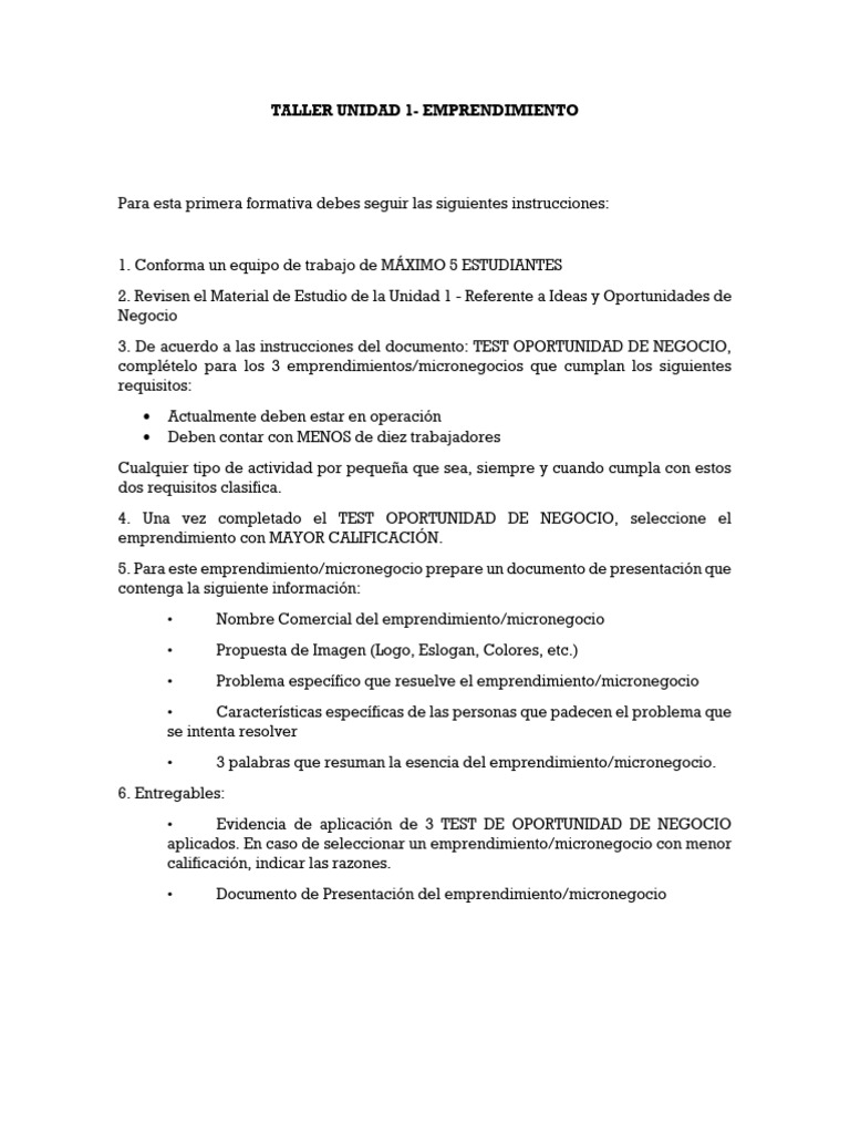 TALLER UNIDAD 1 Oportunidad de Negocio | PDF