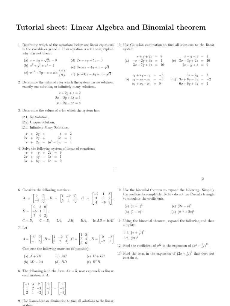 Linear Algebra & Binomial Theorem Guide | PDF | Equations | Algebra
