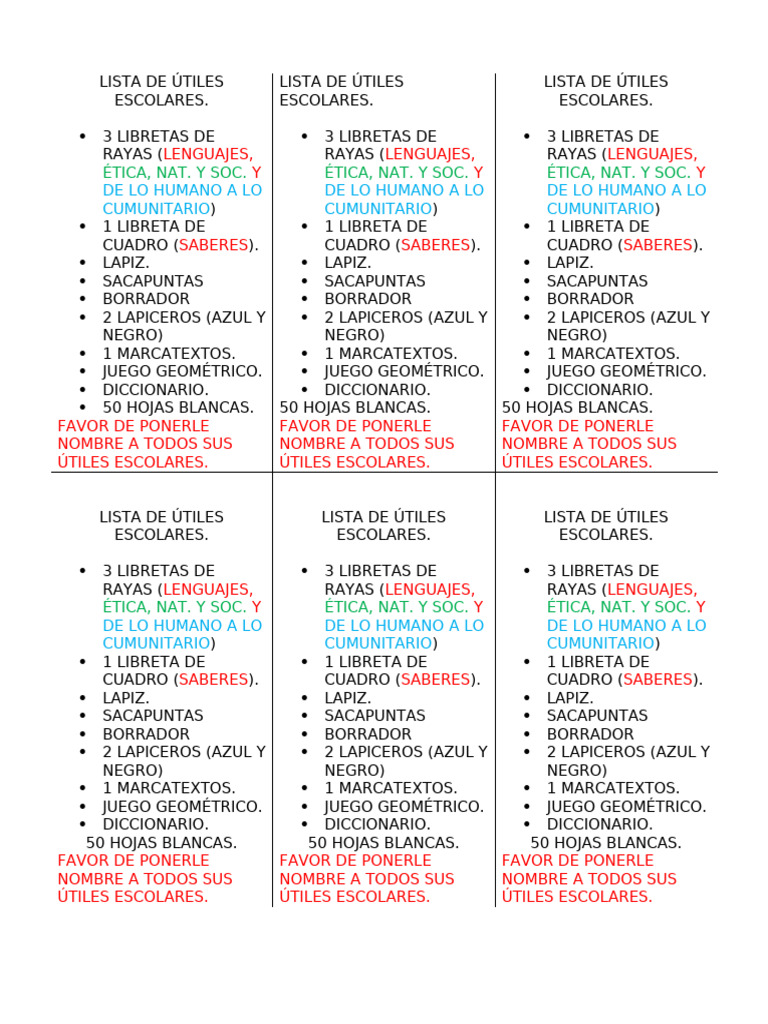 Lista Completa de Útiles Escolares | PDF