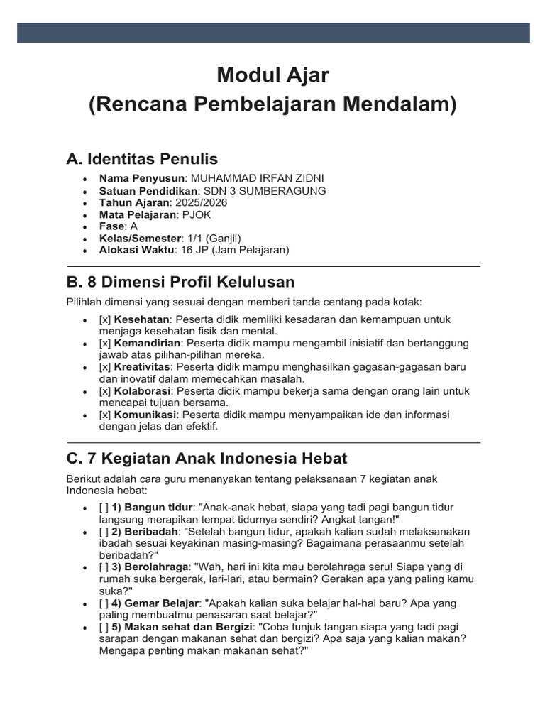 Modul Ajar RPM PJOK KELAS 1 | PDF