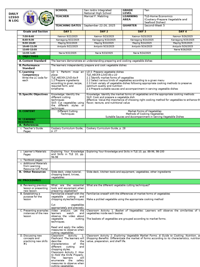 TLE Home Economics Lesson Plan: Cookery | PDF | Cooking | Vegetables