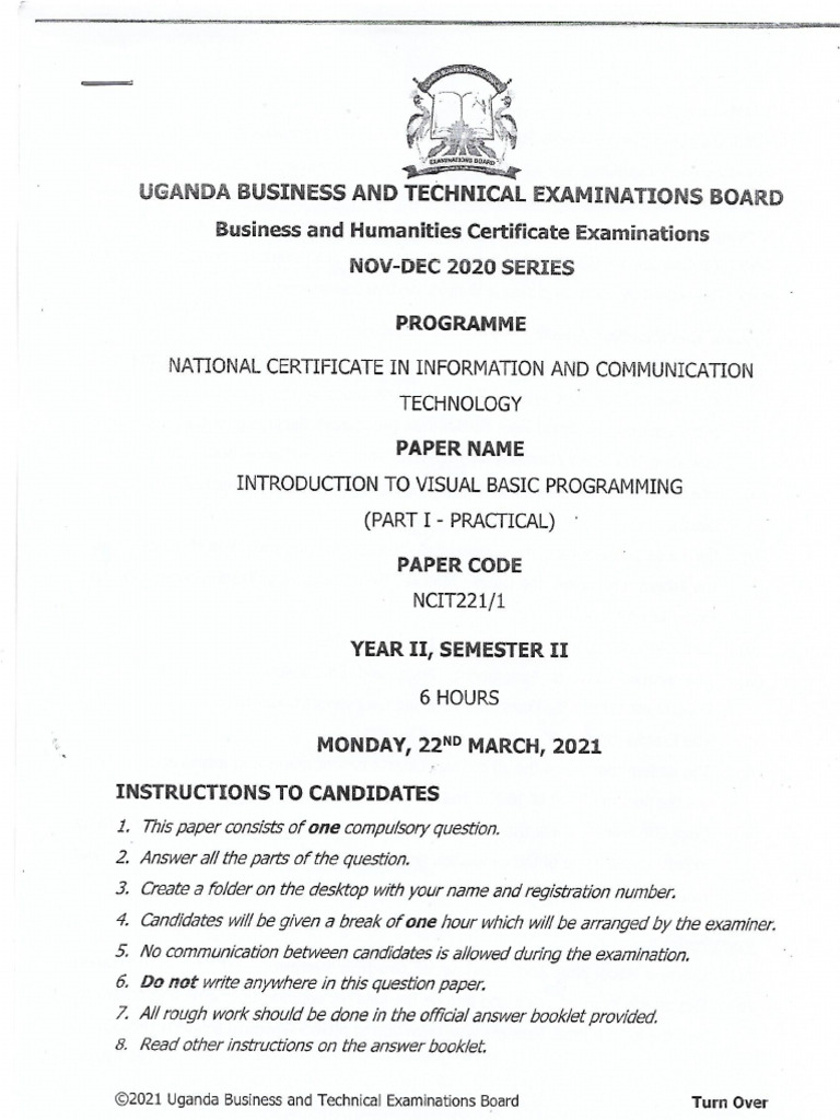 Ncit222 Introduction to Visual Basic Programming Practical March 2020 | PDF