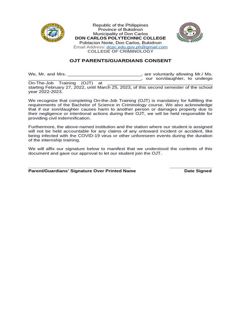 OJT Parental Consent Form | PDF
