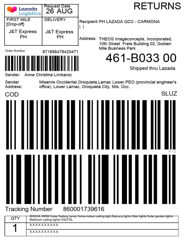 Lazada Order Confirmation for Solar Lamp | PDF