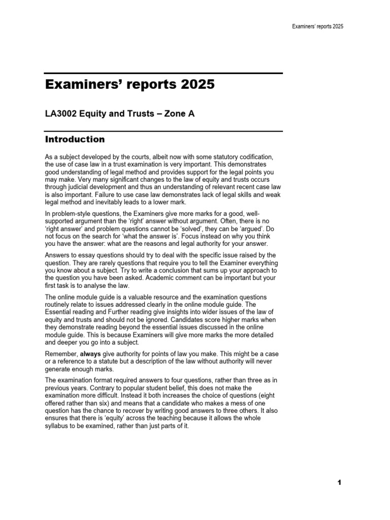 Examiners' Reports: Equity and Trusts 2025 | PDF | Civil Law (Common ...