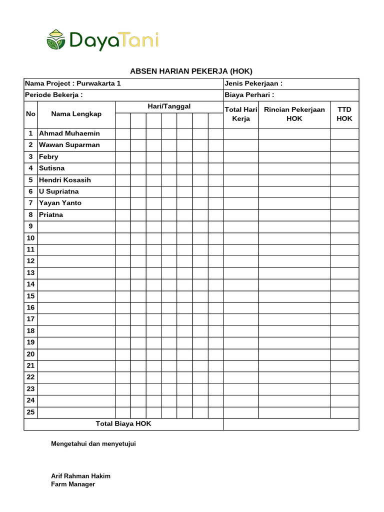 Absen Harian Pekerja (Hok) - Purwakarta New 12 | PDF
