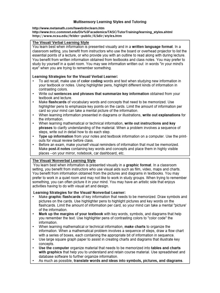 Multisensory Learning Styles Guide | PDF | Learning Styles | Flashcard