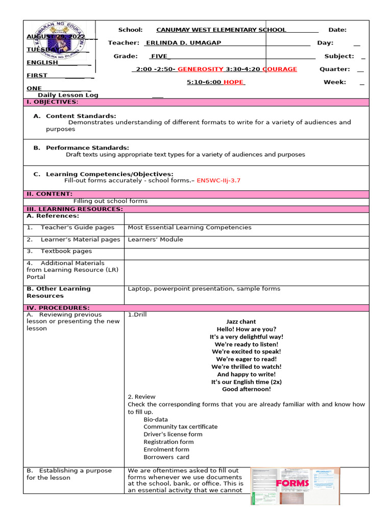 Grade 5 English Lesson on Form Filling | PDF | Banks | Learning