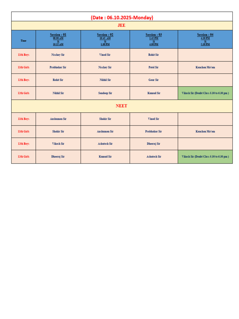Schedule From 6th To 12th Oct 2025 | PDF