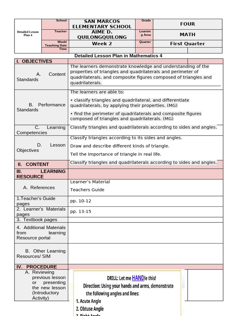 Math Lesson Plan: Triangles & Quadrilaterals | PDF | Behavior ...