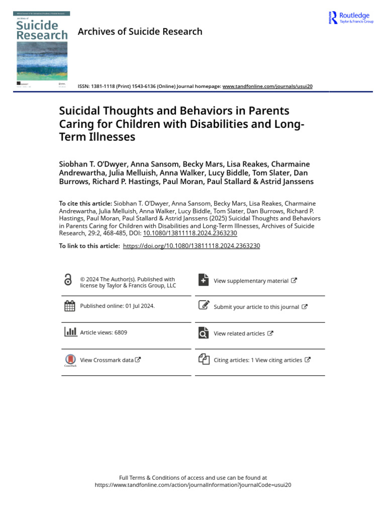 Suicidal Thoughts and Behaviors in Parents Caring for Children With ...