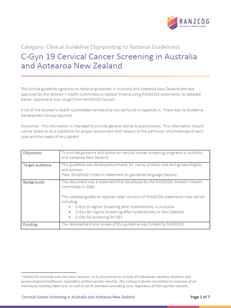 Cervical Cancer Screening Guidelines ANZ | PDF | Cervical Cancer ...