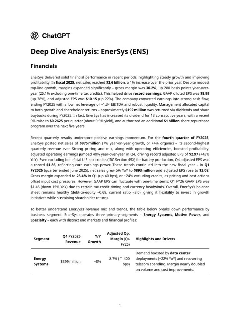 Deep Dive Analysis EnerSys (ENS) PDF Electric Vehicle Renewable