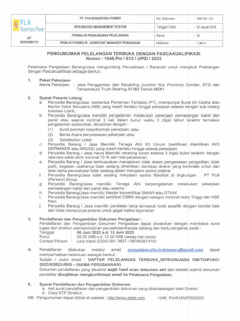 Pengumuman RKS 1046 Penggantian Dan Recabling Junction Box Proximity ...