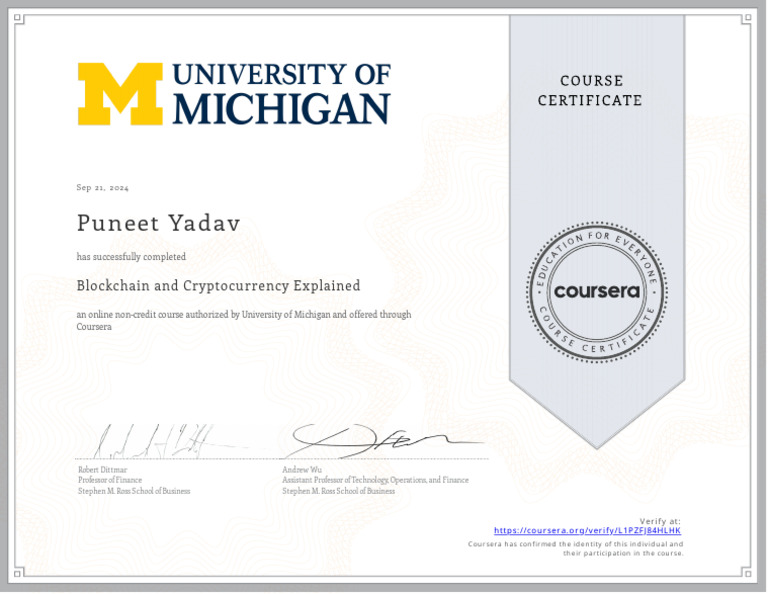 Blockchain and Cryptocurrency Course Completion | PDF