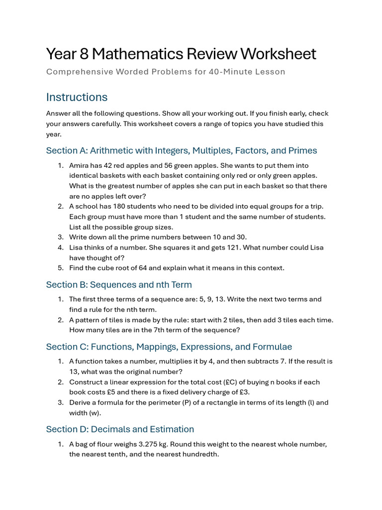 Year 8 Math Word Problems Worksheet | PDF | Numbers | Prime Number