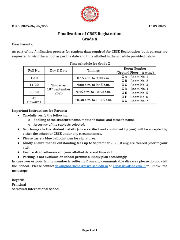 CBSE Registration Schedule for Grade X | PDF