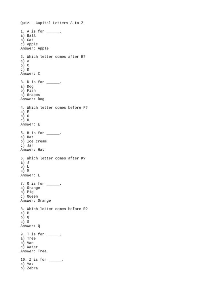 A to Z Capital Letters Quiz | PDF