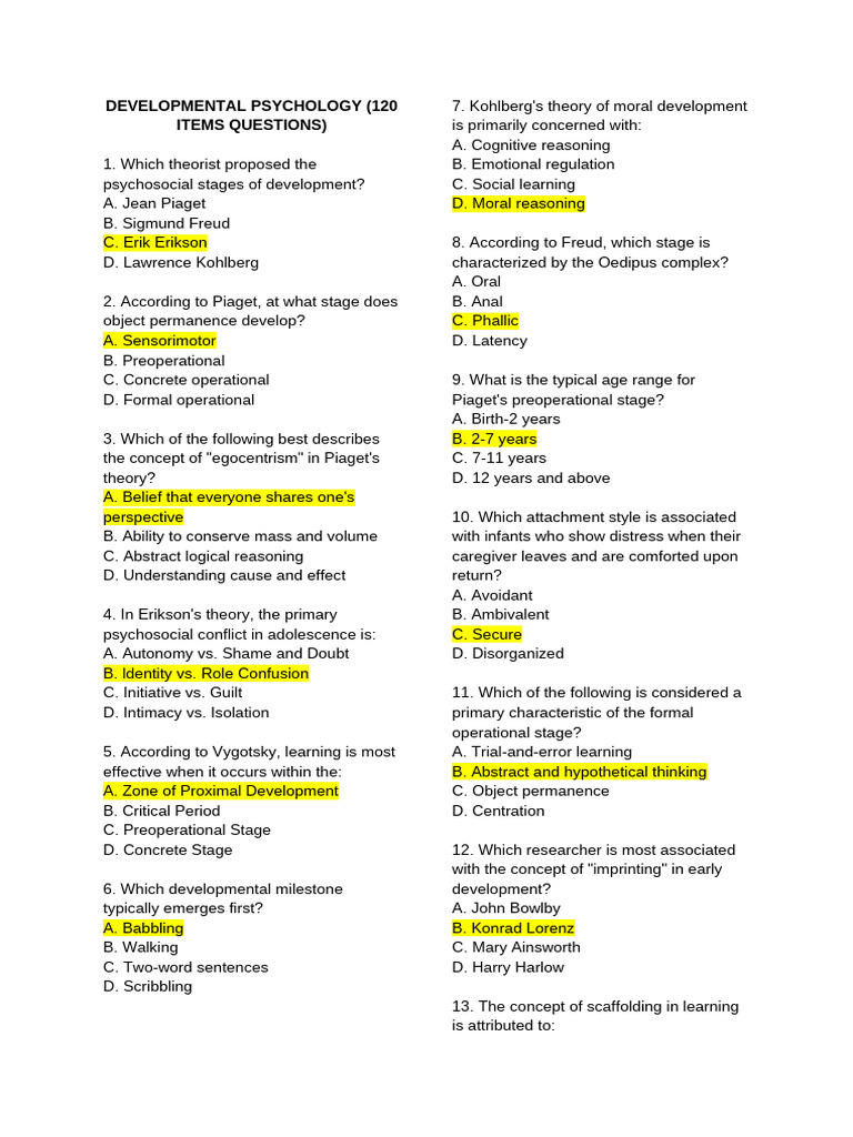 Developmental Psychology Quiz Questions | PDF | Developmental ...