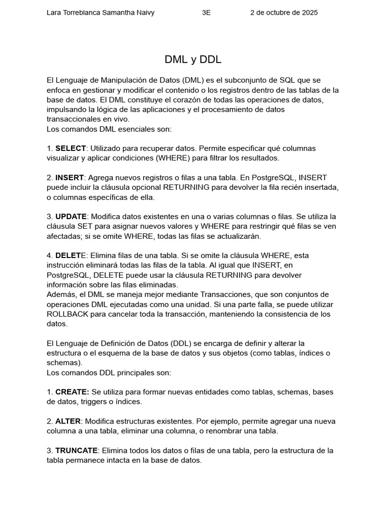 DML y DDL en PostgreSQL: Guía Esencial | PDF | Informática | Datos de ...