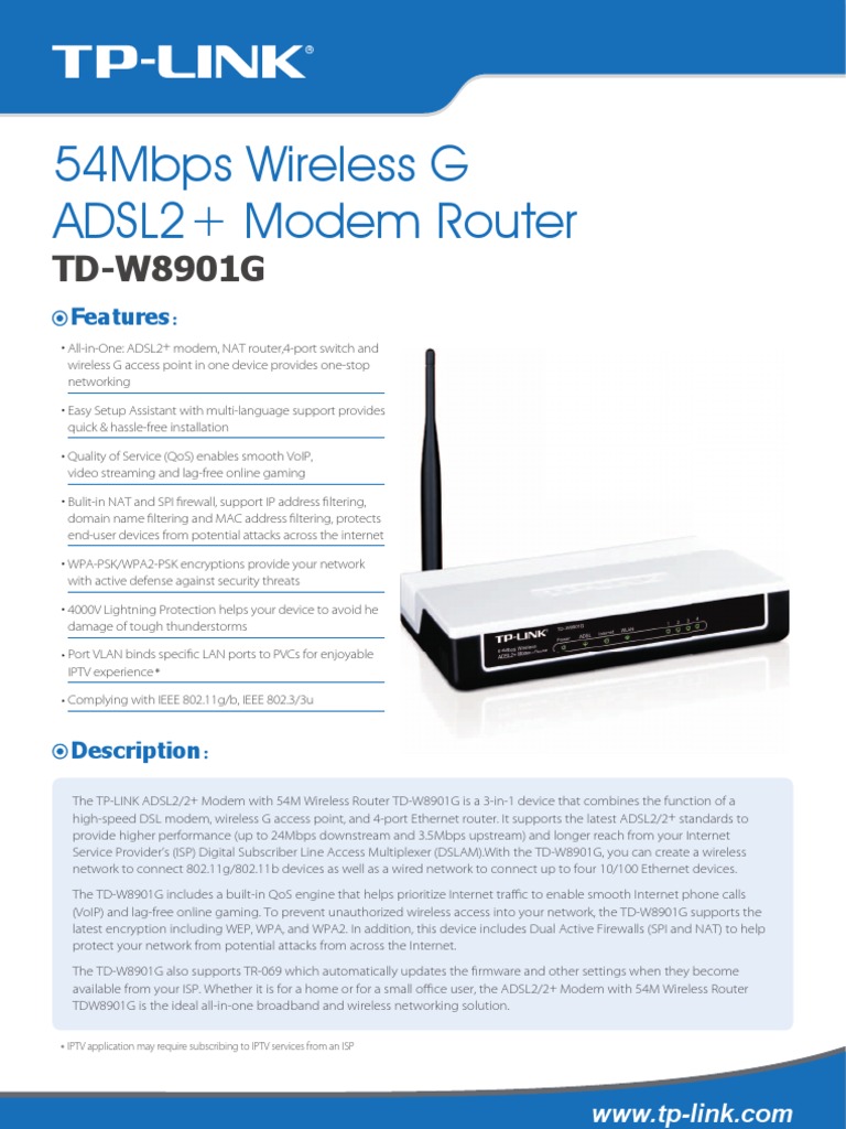 54Mbps Wireless G ADSL2+ Modem Router | PDF