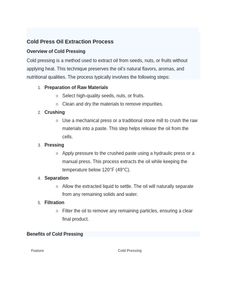 Cold Press Oil Extraction Process | PDF