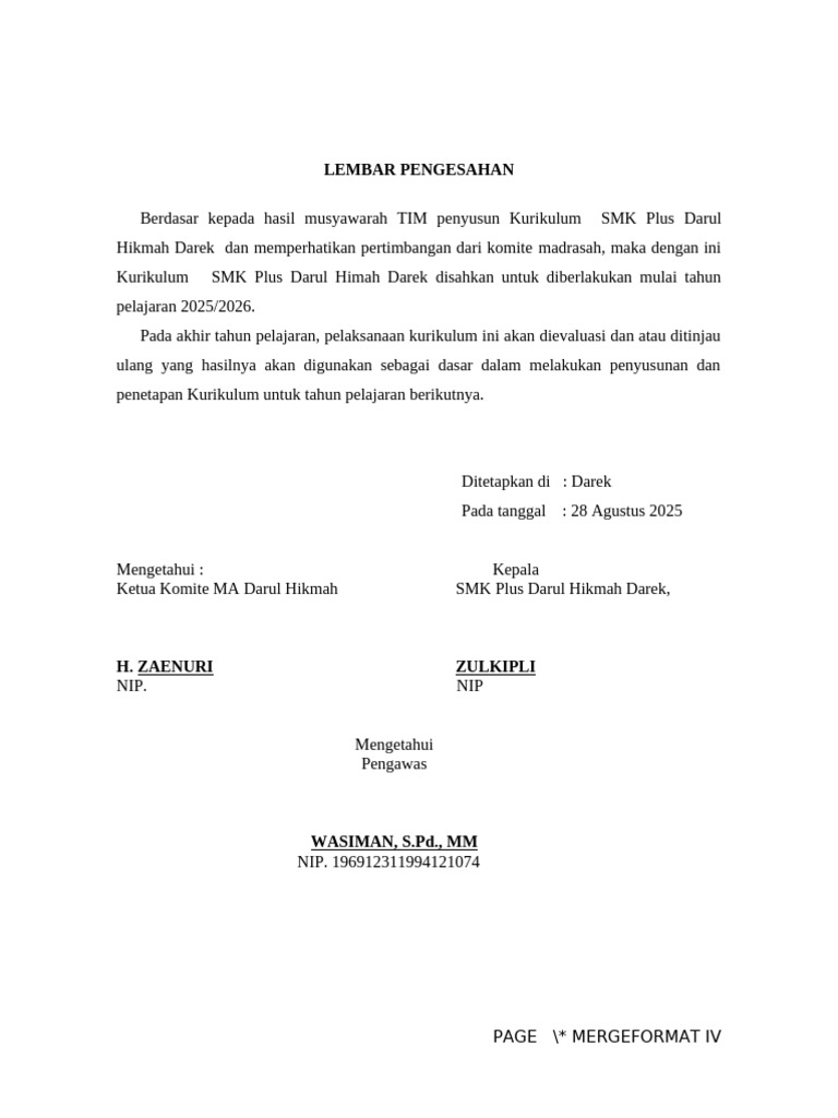 Pengesahan Kurikulum SMK Plus Darul 2025 | PDF