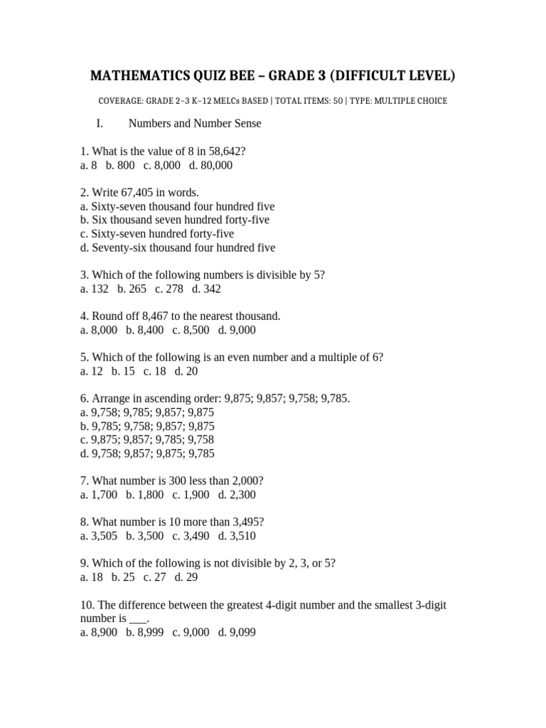 Grade 3 Math Quiz Bee Questions | PDF | Sphere | Classical Geometry