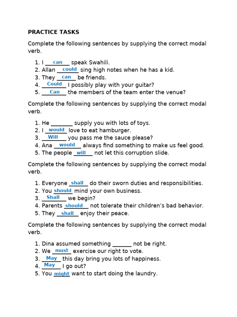 Modal Verb Practice Exercises | PDF