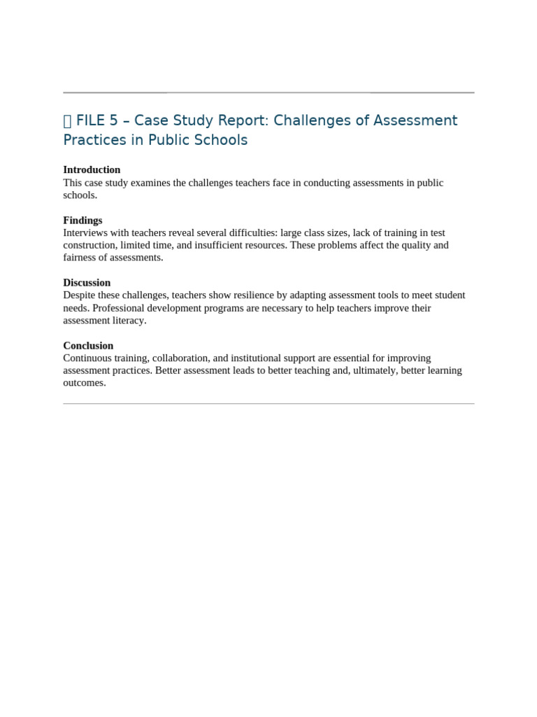 Case Study Report Challenges of Assessment Practices in Public Schools ...