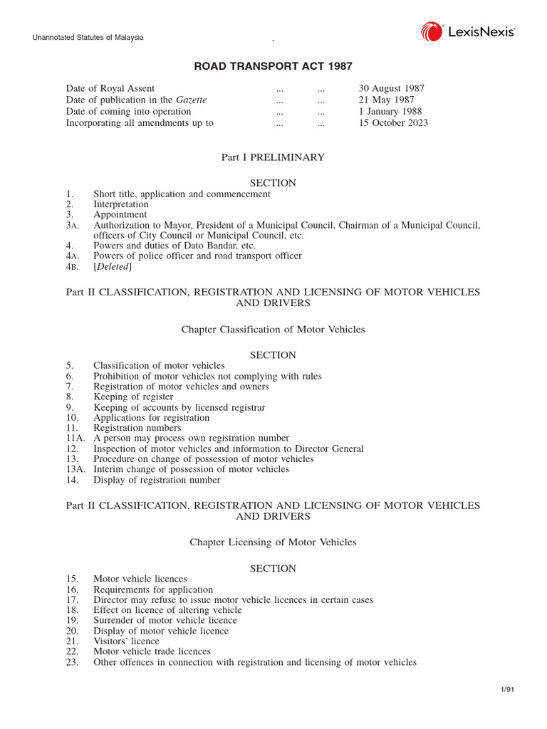 Malaysia Road Transport Act 1987 Overview | PDF | Driver's License ...