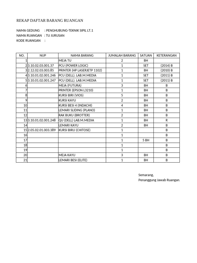 Rekap Daftar Barang Ruangan Teknik | PDF