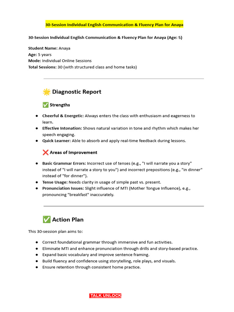 30-Session Individual English Communication & Fluency Plan For Anaya | PDF  | English Language | Fluency