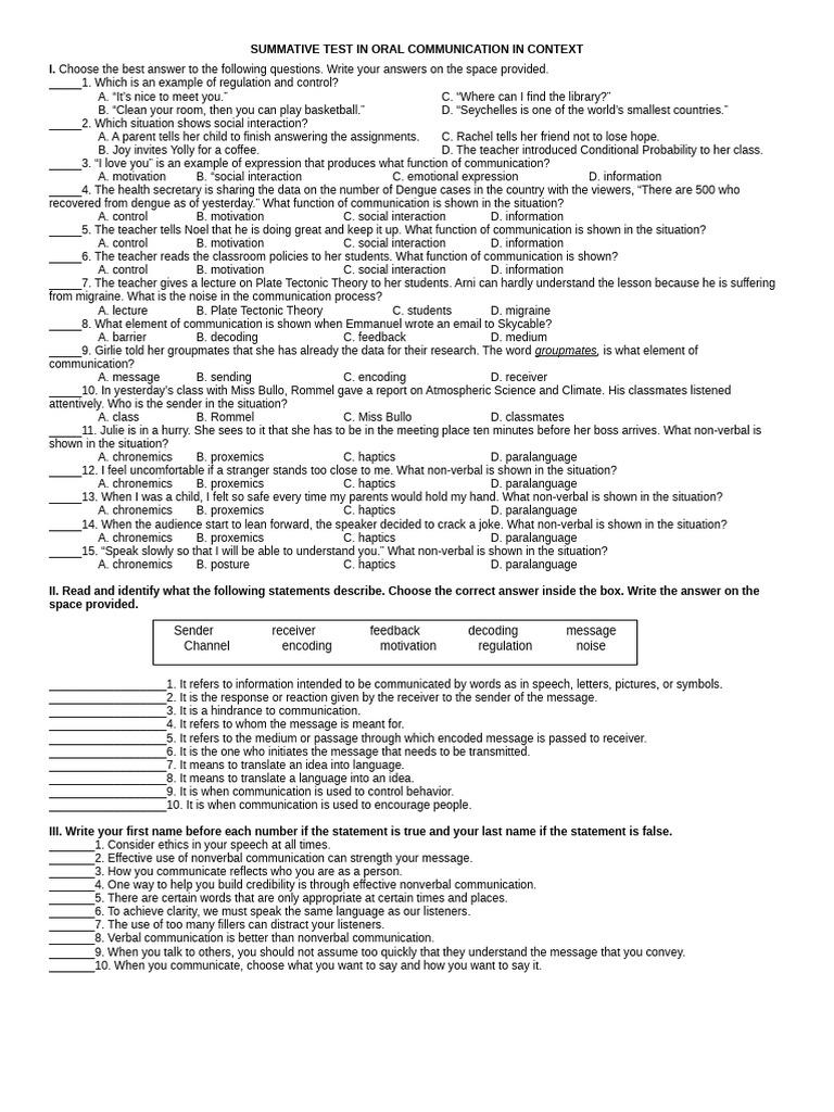 Summative Test in Oral Communication in Context | PDF | Nonverbal ...