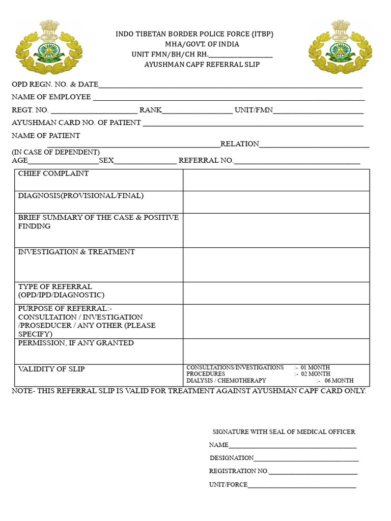 ITBP Ayushman CAPF Referral Slip | PDF