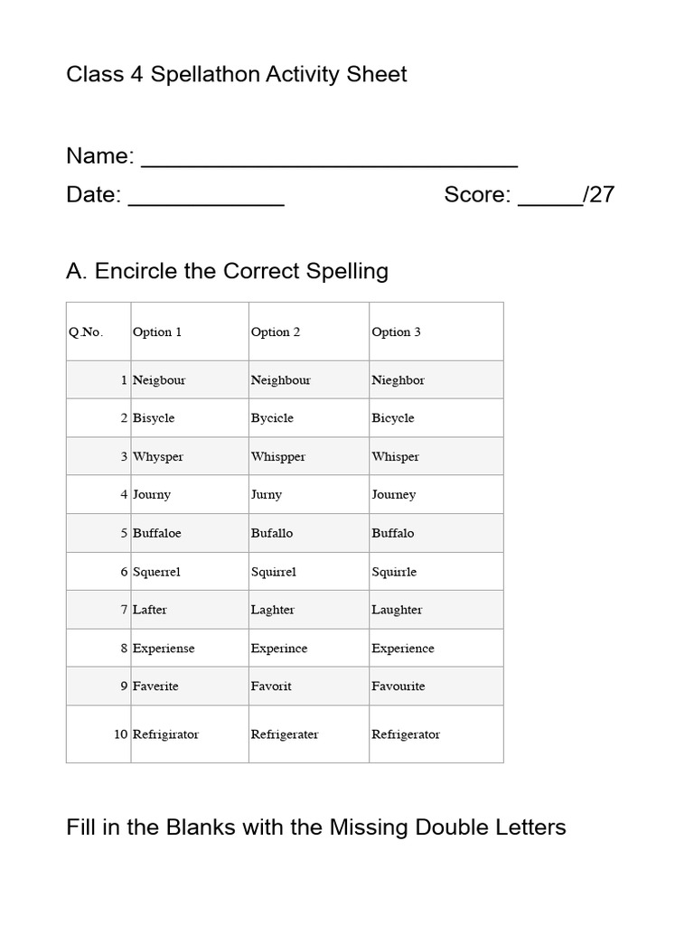 Class 4 Spellathon Activity Sheet | PDF