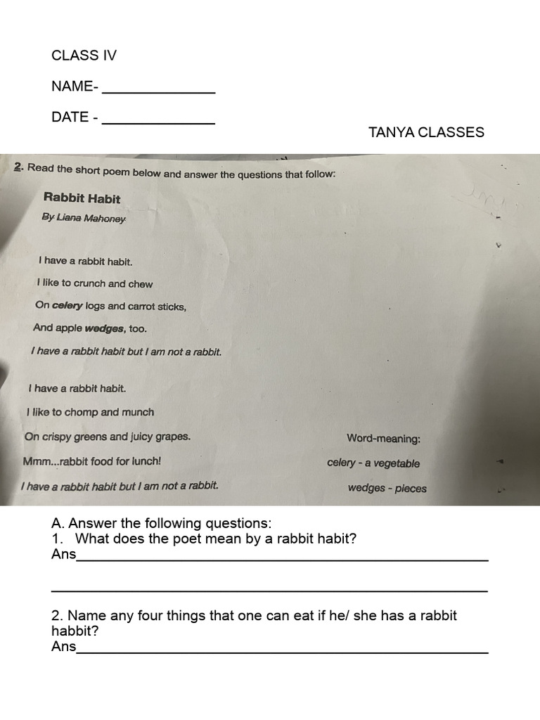Unseen Passage for Class 4: Rabbit Habit | PDF
