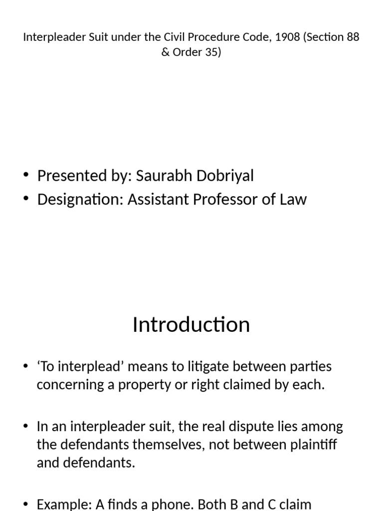 Interpleader Suit: CPC 1908 Explained | PDF | Lawsuit | Civil Law ...