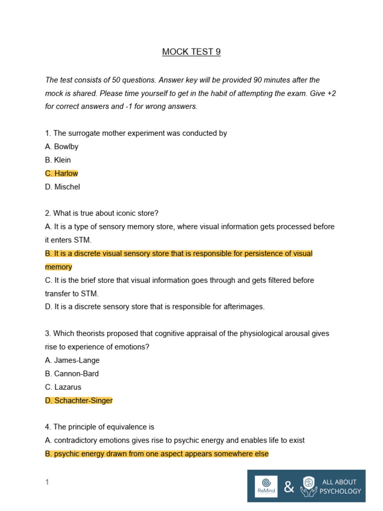 Mock Psychology Test with Answers | PDF | Personality Disorder ...