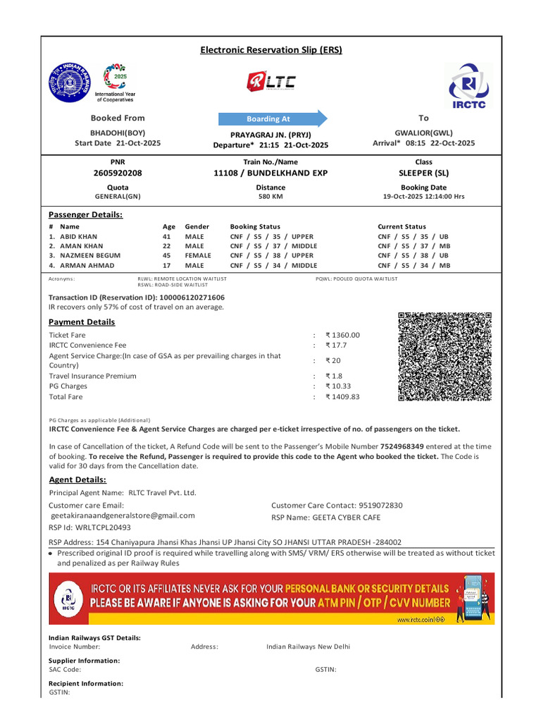 Train Ticket Booking Details for 2025 | PDF | Identity Document