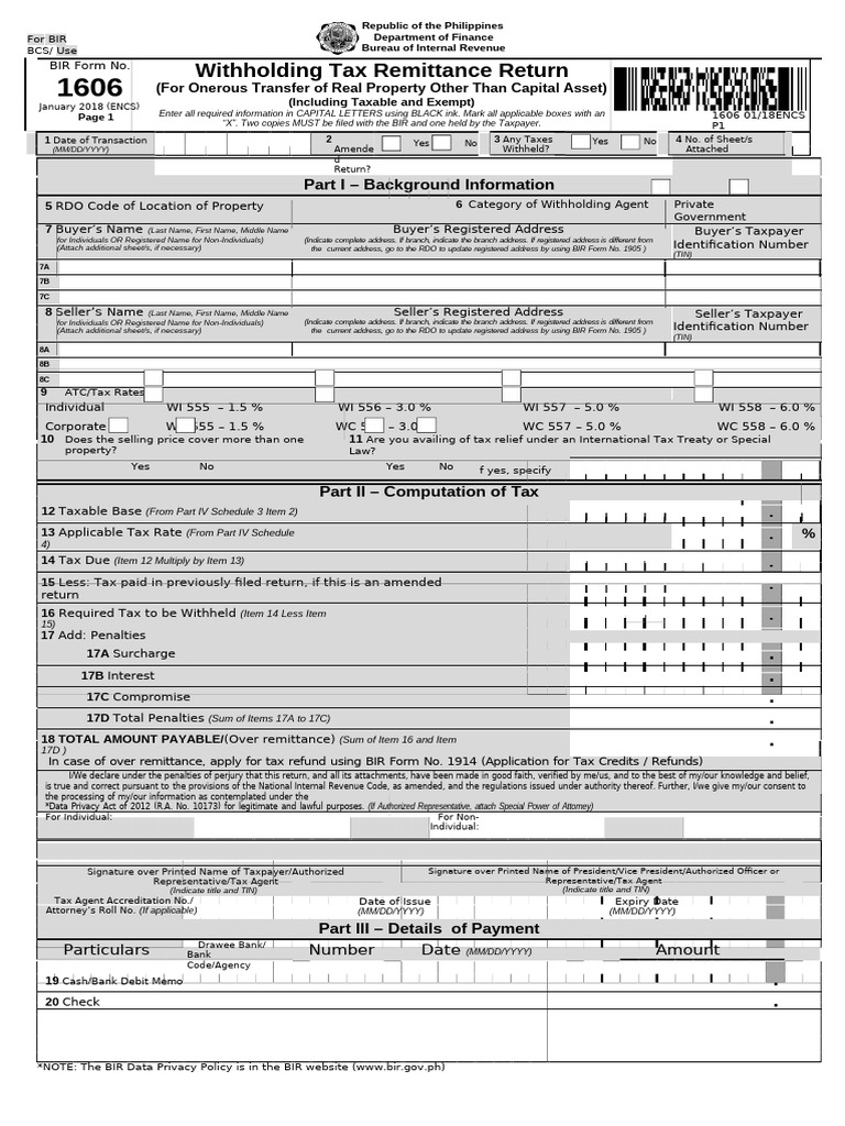 BIR Form 1606: Withholding Tax Return | PDF | Economies | Taxation