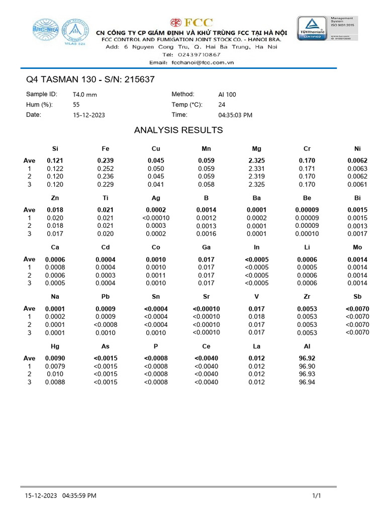 Q4 TASMAN 130 - S/N: 215637: Sample ID: Hum (%) : Temp ( C) : Method | PDF