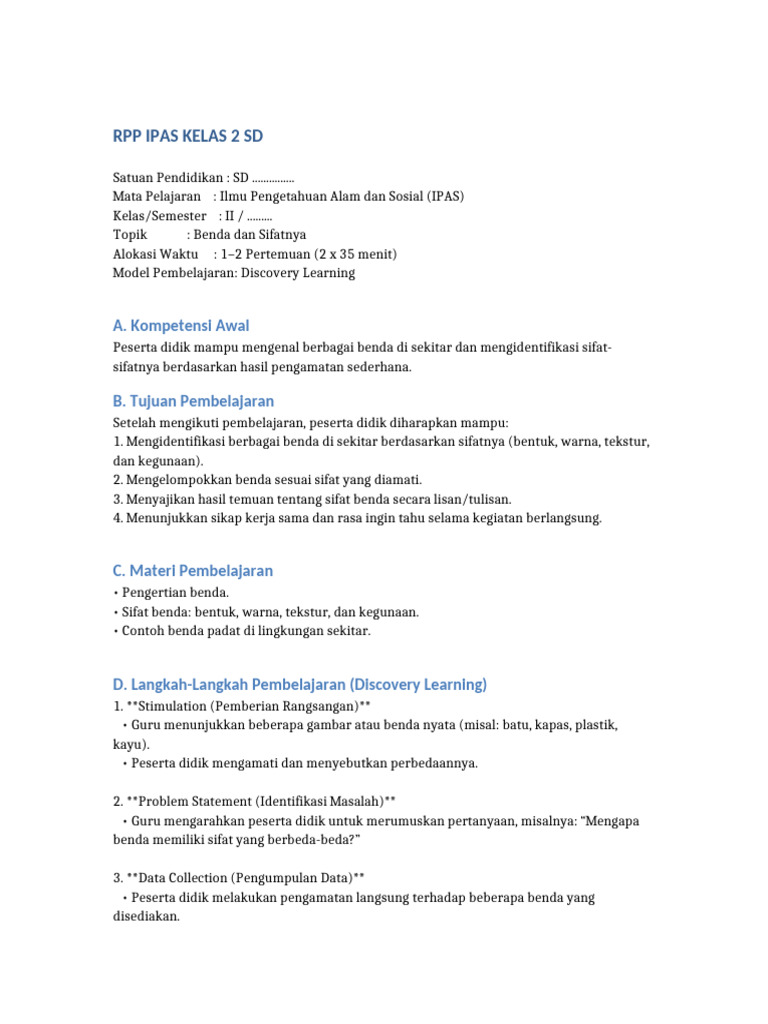 RPP IPAS Kelas 2: Benda dan Sifatnya | PDF