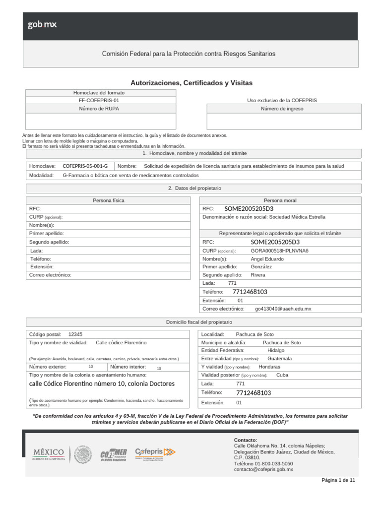 Licencia Sanitaria COFEPRIS: Solicitud y Ejemplo | PDF | Ciudad de ...