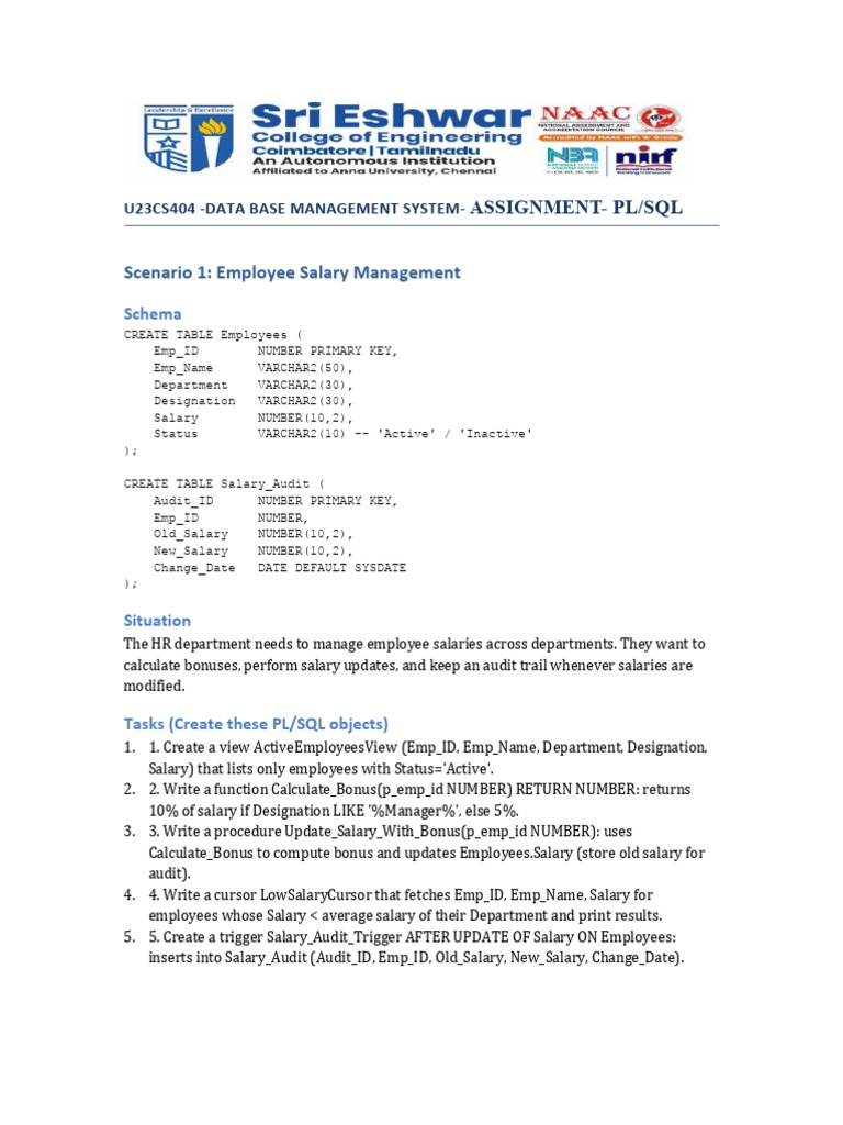 PL/SQL Assignment: Database Management Tasks | PDF | Pl/Sql | Databases