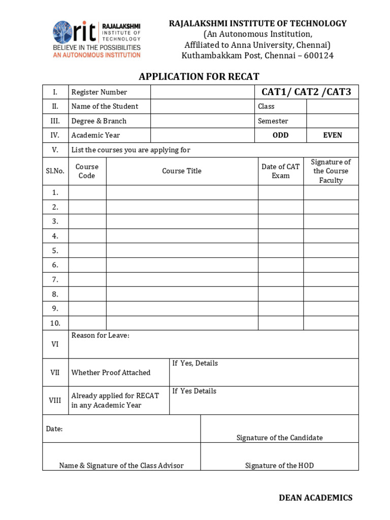 RECAT Application Form - Rajalakshmi Institute | PDF