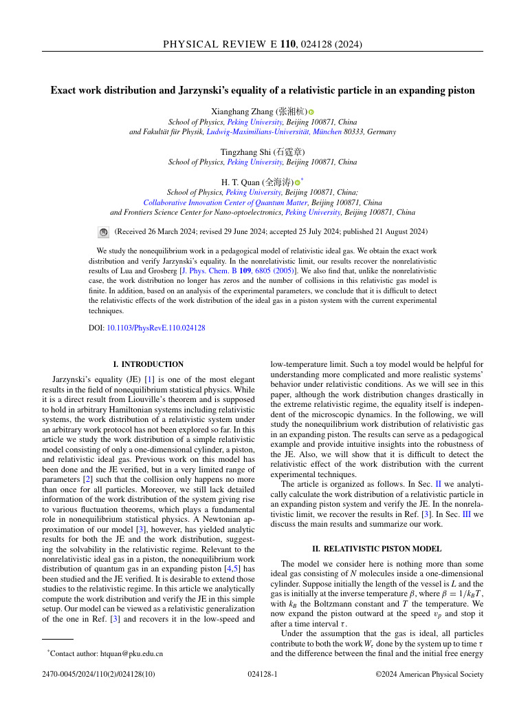 Exact Work Distribution and Jarzynski's Equality of A Relativistic ...