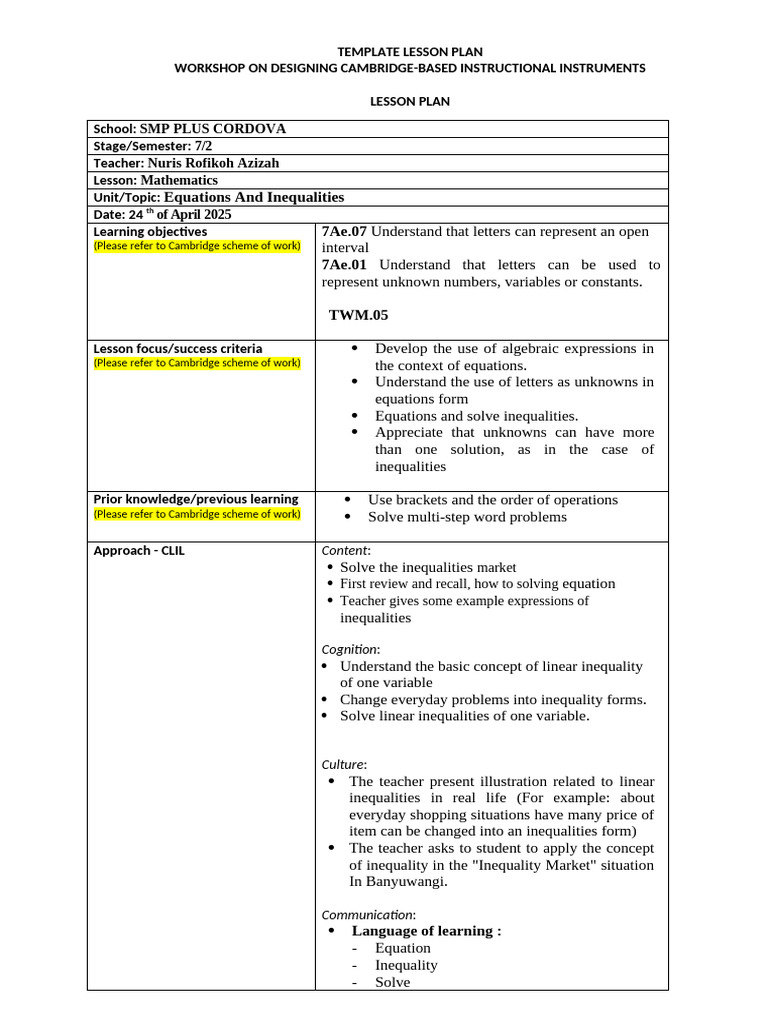 Cambridge Lesson Plan: Inequalities in Math | PDF | Equations ...
