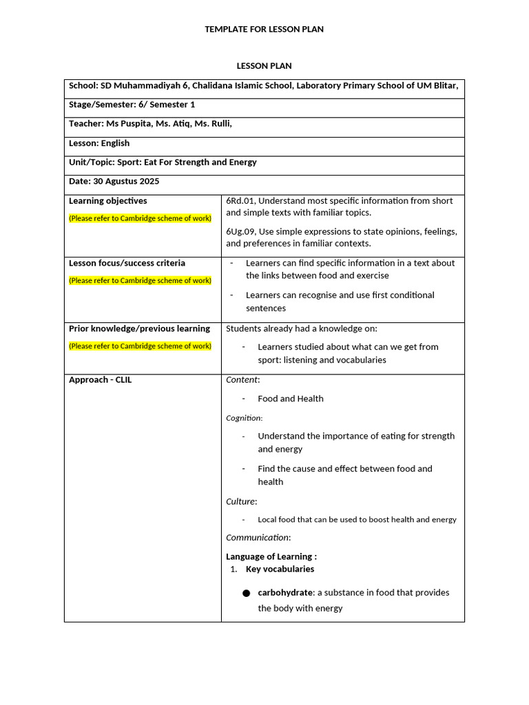 LESSON PLAN CLIL (30 Agustus 2025) - Ms. Atiq & Ms. Rulli | PDF ...