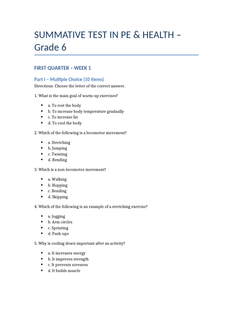 Grade 6 PE & Health Summative Test | PDF | Determinants Of Health